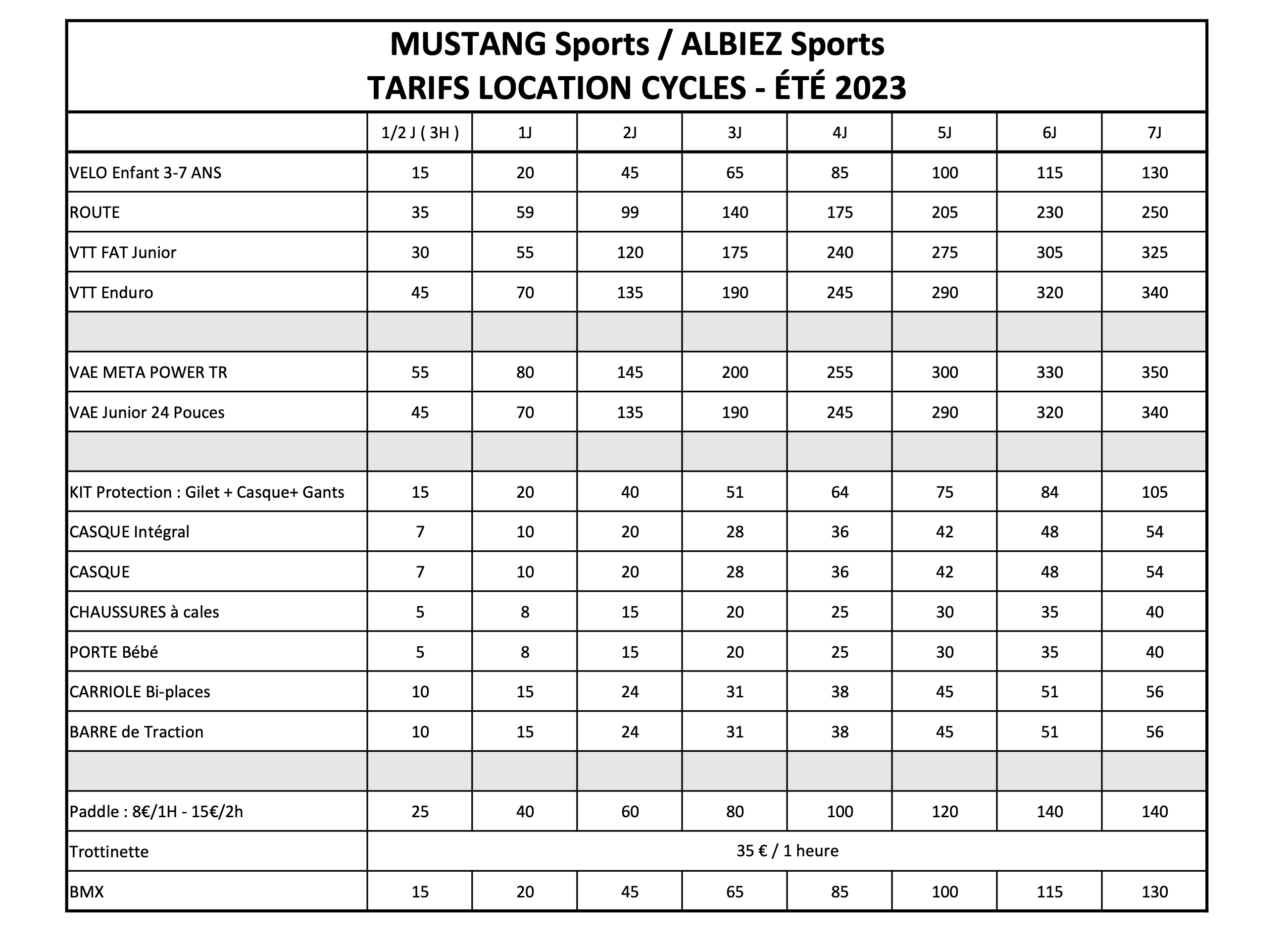 TARIFS VTT MUSTANG 23